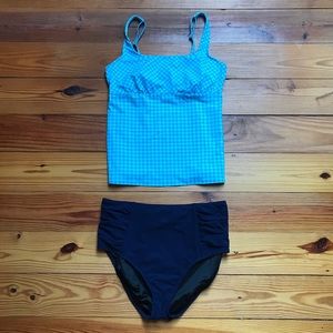 Lands End L. L. Bean Blue Checker High-Waist Tankini, EUC, 12/16 L/XL